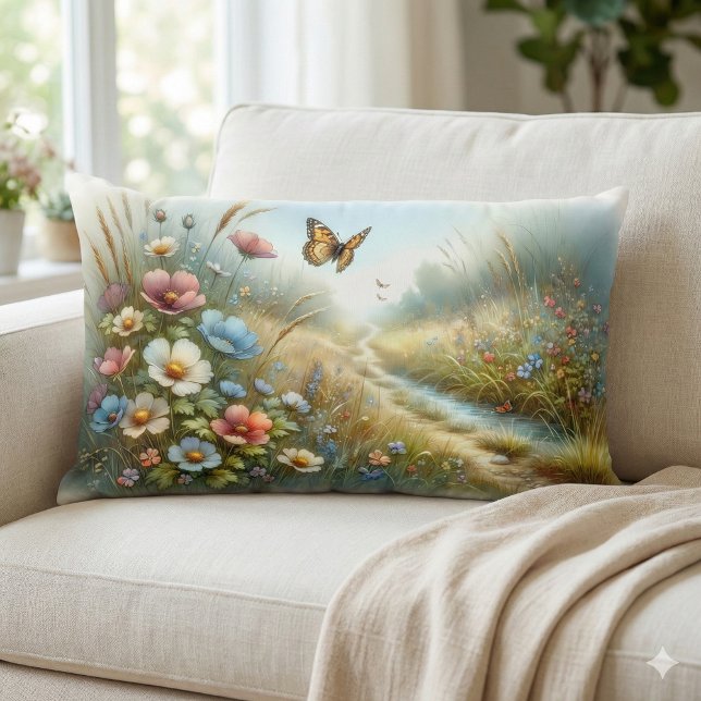 Almofada Lombar Jardim de Borboletas do Prado de Flores Silvestres (Wildflower Meadow Butterfly Garden Art Lumbar Pillow Mockup A)