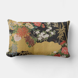 Almofada Lombar Kimono Floral Japonês Tradicional Preto e Dourado