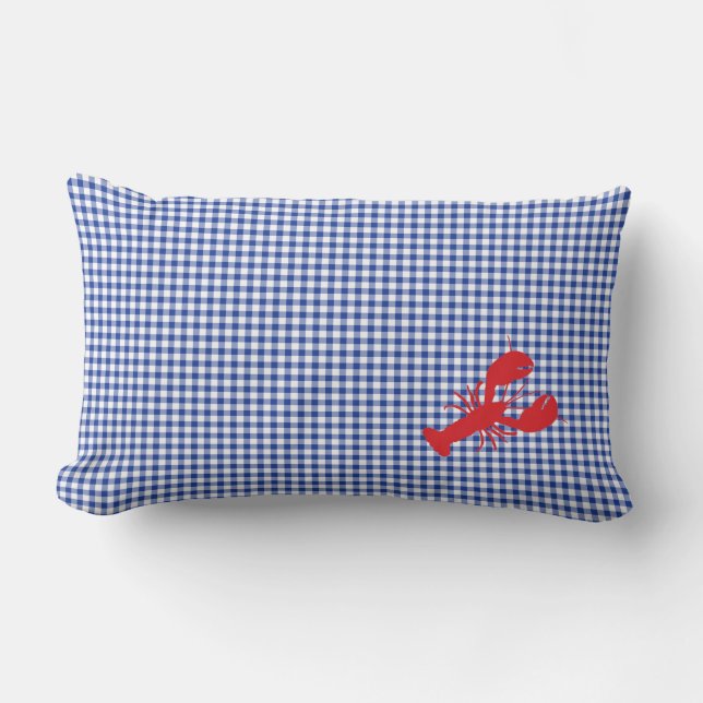 Almofada Lombar Lagosta Vermelha Blue Preppy Gingham Home Decor (Frente)