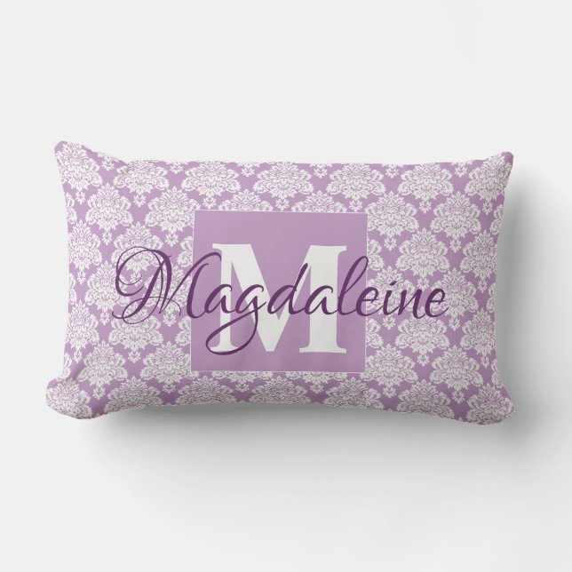 Almofada Lombar Lavanda Travesseiro Damask com Monograma e Nome (Frente)