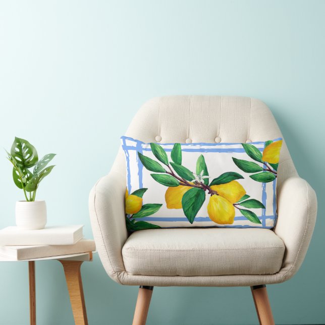 Almofada Lombar Lemon Leaf Watercolor Pillow | Amalfi Blue Citrus (Cadeira)