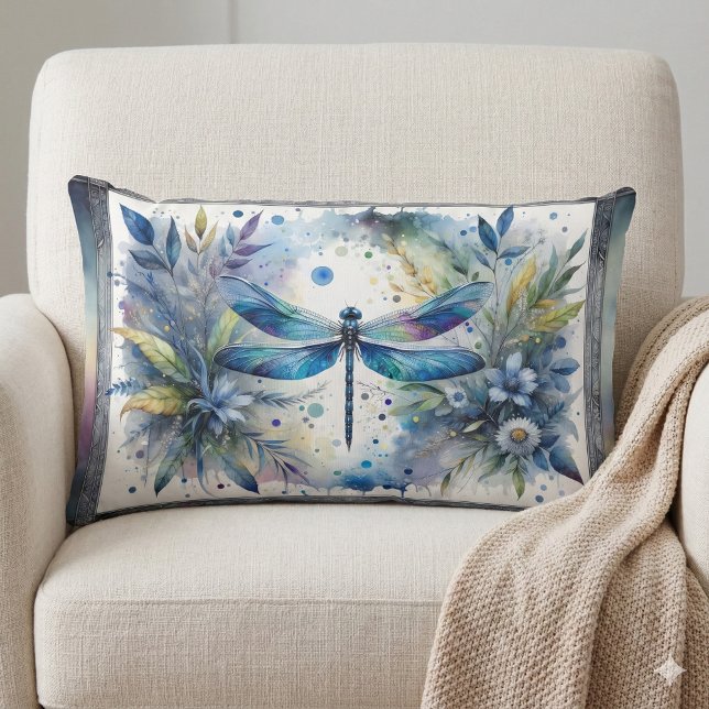 Almofada Lombar Libélula Azul Aquarela Botânica (Blue Dragonfly Botanical Watercolor Lumbar Pillow Mockup A)