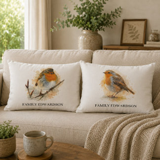 Almofada Lombar Linda família monogramada de pássaros robin em aqu