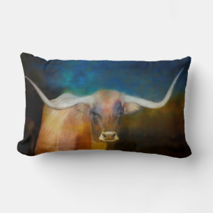 Almofada Lombar Longhorn Cow art em azul e marrom 