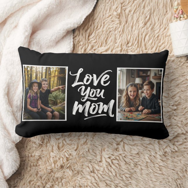 Almofada Lombar Love You Mom Two Photo Brush Script Keepsake black (Cobertor)
