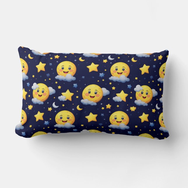 Almofada Lombar Lua Sorridente e Estrelas com Nuvens no Céu Noturn (Frente)