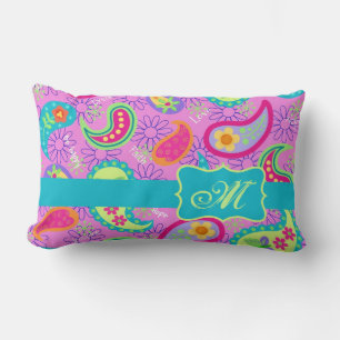 Almofada Lombar Magenta Turquesa Rosa Moderna Monograma da Paisley
