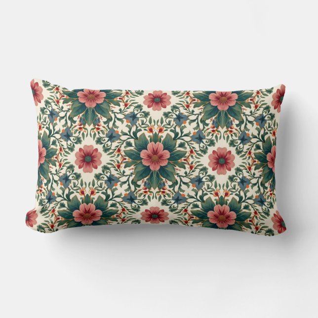 Almofada Lombar Magia Floral Boho - em Tons de Verde e Rosa (Frente)