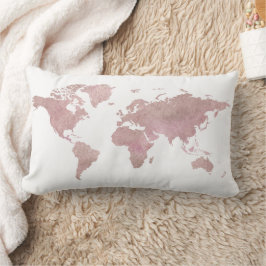 Almofada Lombar Mapa Mundial de Viagem em Aquarela Rosa Dourado Fo