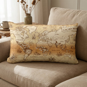 Almofada Lombar Mapa Mundial do Cacau Vintage para Espaços de Choc