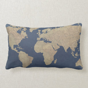 Almofada Lombar Mapa Mundial Dourado e Azul