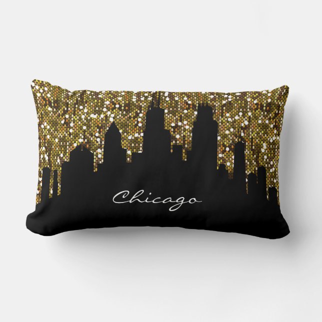 Almofada Lombar Marco Dourado Confetti Glitter Chicago Skyline (Frente)