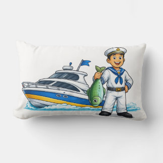 Almofada Lombar Marinheiro de Desenho Animado com Iate e Peixe Art
