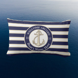 Almofada Lombar Marinho Branco Blue Stripe Boat Name Anchor Welcom
