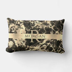 Almofada Lombar Mármaco Preto+Dourado, Faixa Dourada, Nome+Monogra