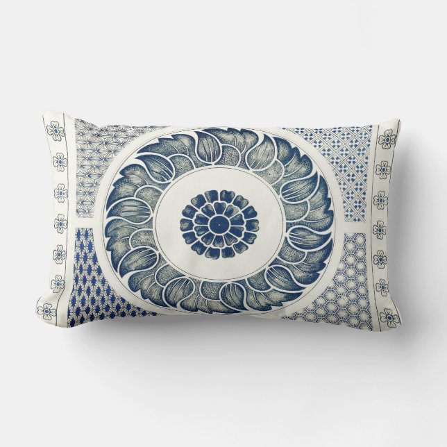 Almofada Lombar Medalhão Chinês: Chinoiserie Azul Índigo (Frente)