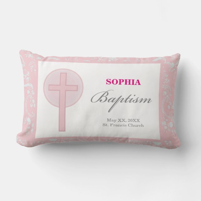 Almofada Lombar Menina de Renda Rosa Batismo (Frente)