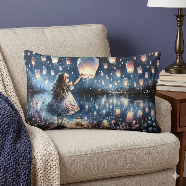 Almofada Lombar Menina do Lago de Lanterna Celeste Caprichosa  (Whimsical Sky Lantern Lake Girl Lumbar Pillow)