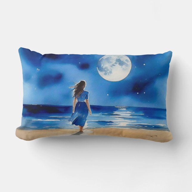 Almofada Lombar Menina na praia debaixo de uma lua cheia (Frente)