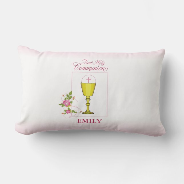 Almofada Lombar Menina Rosa Primeira Comunhão, Cálice, Hóstia, Ros (Frente)