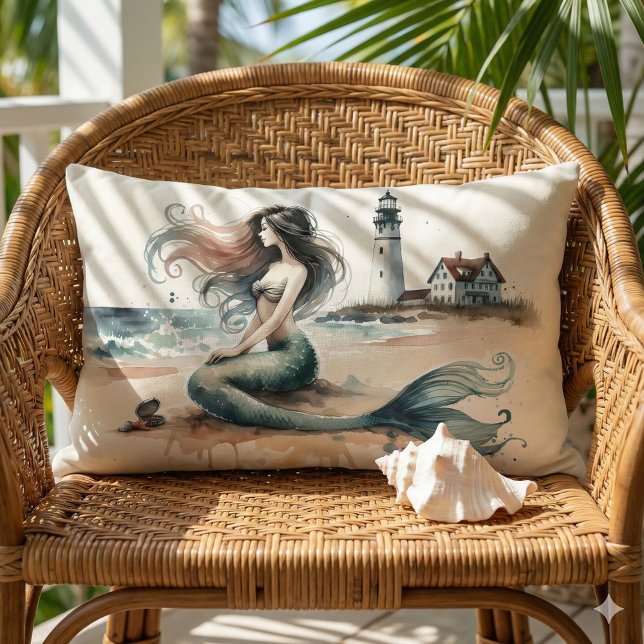 Almofada Lombar Mermaid Lighthouse Coastal Watercolor Scene (Mermaid Lighthouse Coastal Watercolor Scene Lumbar Pillow Mockup A)