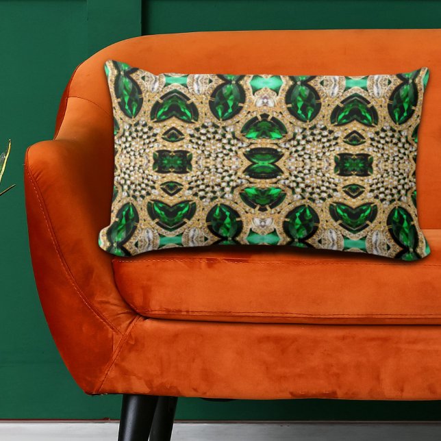 Almofada Lombar moda cinzenta arte deco ouro esmeralda verde (girly chic fashion art deco gold emerald green lumbar pillow)