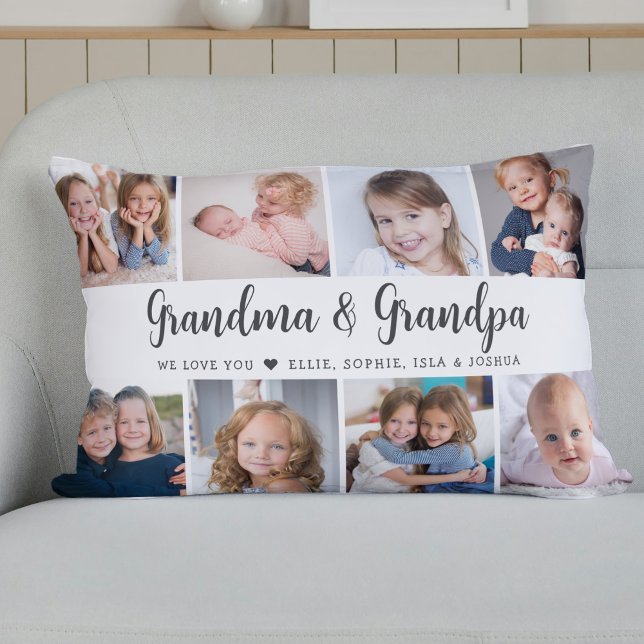 Almofada Lombar Modern Grandparents Photo Collage Script (Criador carregado)
