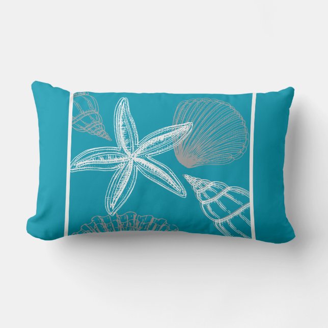 Almofada Lombar Modern Seashell Beach House Aqua Blue Starfish (Frente)