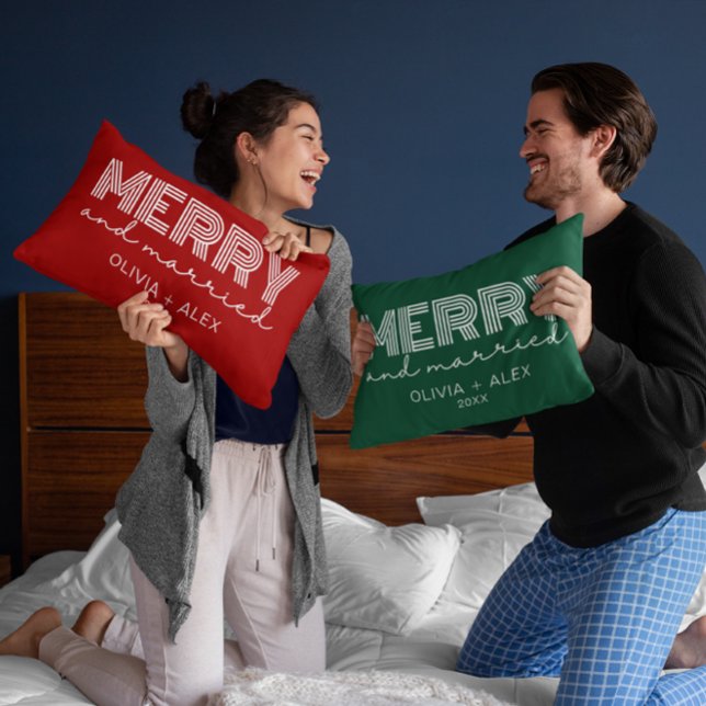 Almofada Lombar Moderno Retro Alegre e Casado Primeiro Natal (Criador carregado)