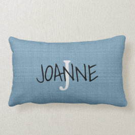 Almofada Lombar Moderno Rustic Blue Monograma nome faux burlap
