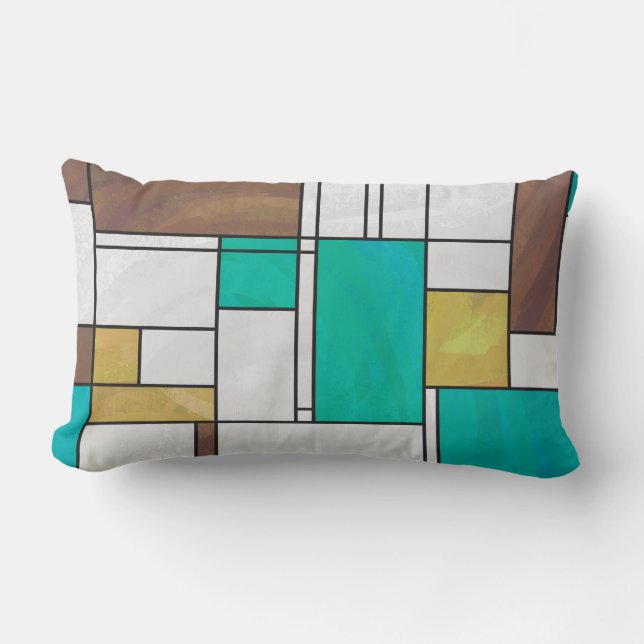 Almofada Lombar Mondrian Brown Yellow Teal Impressão (Frente)