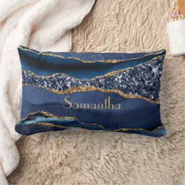 Almofada Lombar Monograma Azul Dourado Brilho Ágata Mármore Glamou