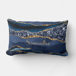 Almofada Lombar Monograma Azul Dourado Brilho Ágata Mármore Glamou