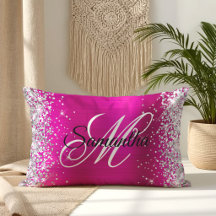 Monograma Chique de Brilho Prateado Rosa Quente Fo