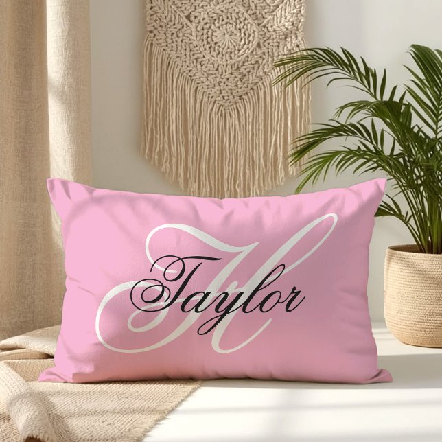 Almofada Lombar Monograma Chique Preto e Branco Rosa (Black and White Fancy Monogram Pink Lumbar Pillow)