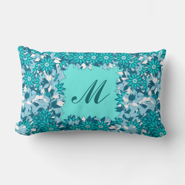 Almofada Lombar Monograma com flores - azul e branco (Frente)