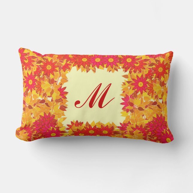Almofada Lombar Monograma com flores - vermelho e ouro (Frente)