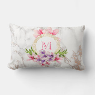 Almofada Lombar Monograma das flores de aquarela rosa e púrpura