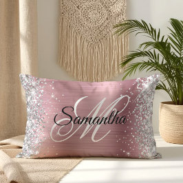 Almofada Lombar Monograma de Brilho Prateado Rosa