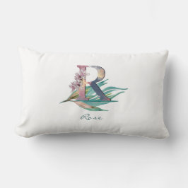 Almofada Lombar Monograma de Folhagem de Aquarela com Letra R Flor