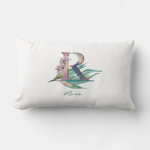 Almofada Lombar Monograma de letra R floral personalizada com folh