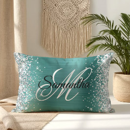 Almofada Lombar Monograma Elegante em Folha de Água Teal Prateada