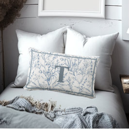 Almofada Lombar Monograma Floral Branco Azul-Algodão Francês