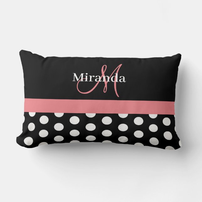 Almofada Lombar Monograma Preto Branco Rosa Script Bolinhas (Frente)