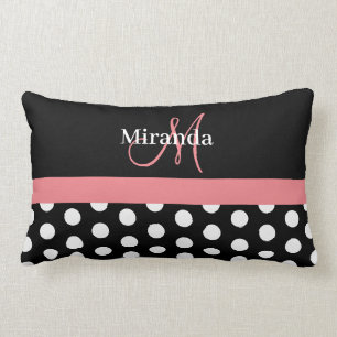 Almofada Lombar Monograma Preto Branco Rosa Script Bolinhas