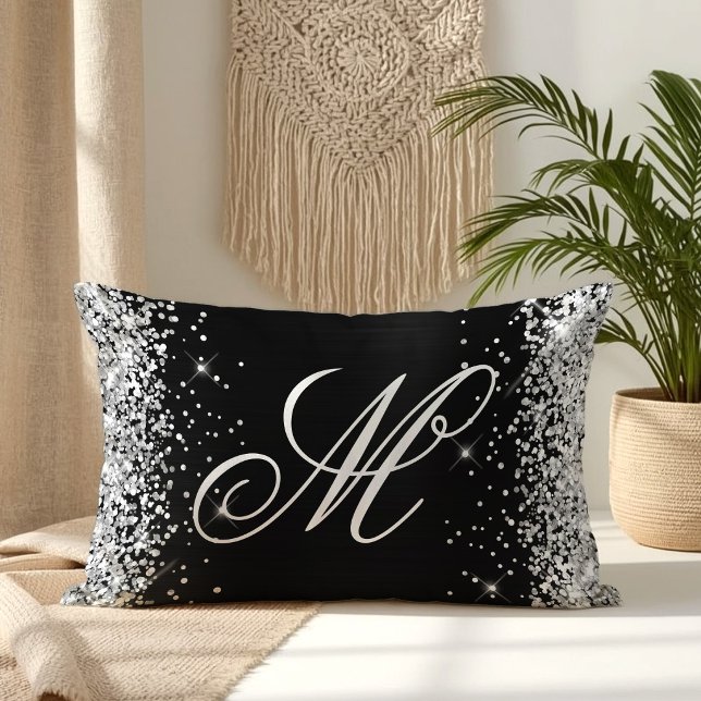 Almofada Lombar Monograma Rebuscado em Folha de Preto com Brilho P (Silver Glitter Black Foil Fancy Monogrammed Lumbar Pillow)