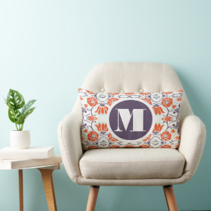 Almofada Lombar Monograma Roxo Laranja Mint Moderno Travesseiro Fl