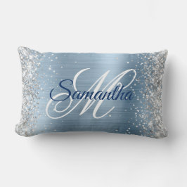 Almofada Lombar Monograma sofisticado em prata brilhante e azul cl
