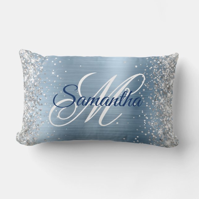 Almofada Lombar Monograma sofisticado em prata brilhante e azul cl (Frente)