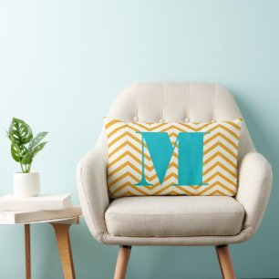 Almofada Lombar Mostarda Amarelo marfim e Aqua Monograma Zig Zag